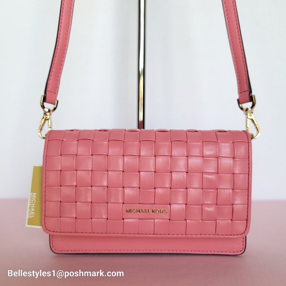 MICHAEL KORS Jet Set Charm Small Phone Woven Leather Crossbody Bag- Tea Rose⭐